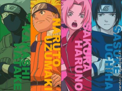 Naruto avec ses amis Sasuke et Sakura et son maitre Kakashi Hatake.